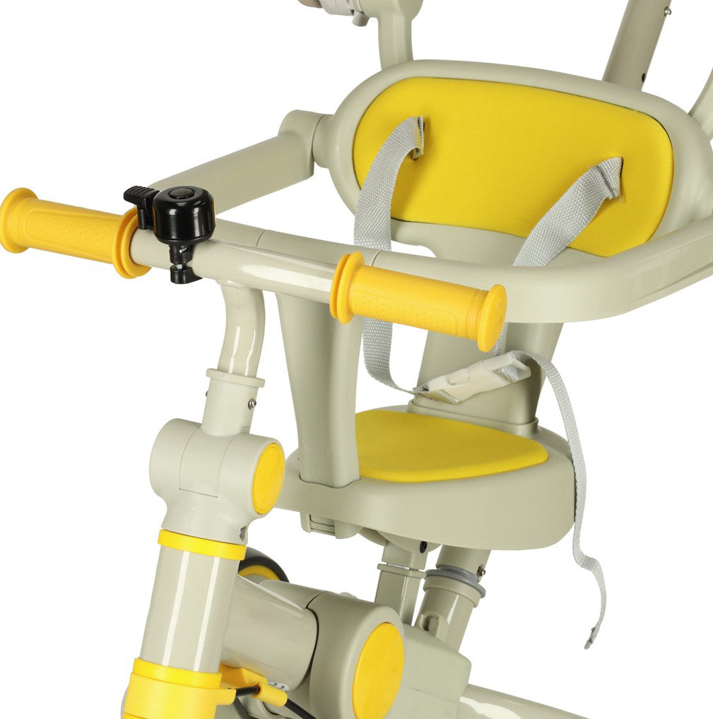Tricicleta 6 in 1 copii, Zola, cu pedale, baldachin UV pliabil si detasabil, greutate suportata 25 kg, cadru otel, bej/galben Tricicleta 6 in 1 copii, Zola, cu pedale, baldachin UV pliabil si detasabil, greutate suportata 25 kg, cadru otel, bej/galben